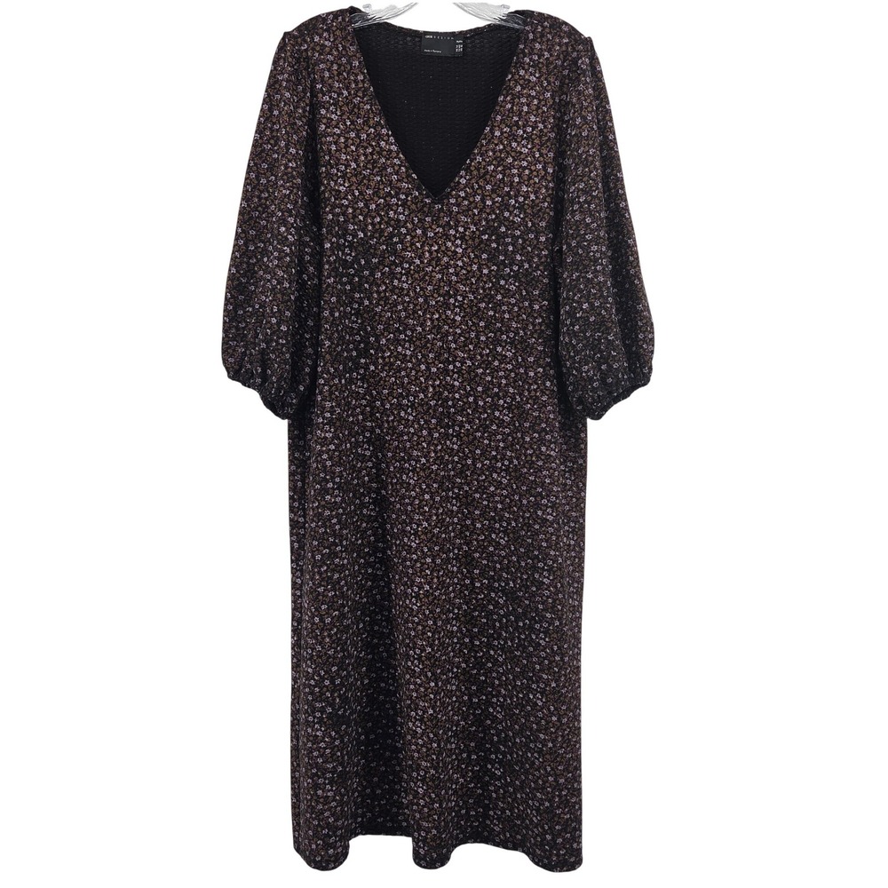 ASOS DESIGN Petite Midi Dress 10 Black Floral Puff Sleeve Boho Cottagecore